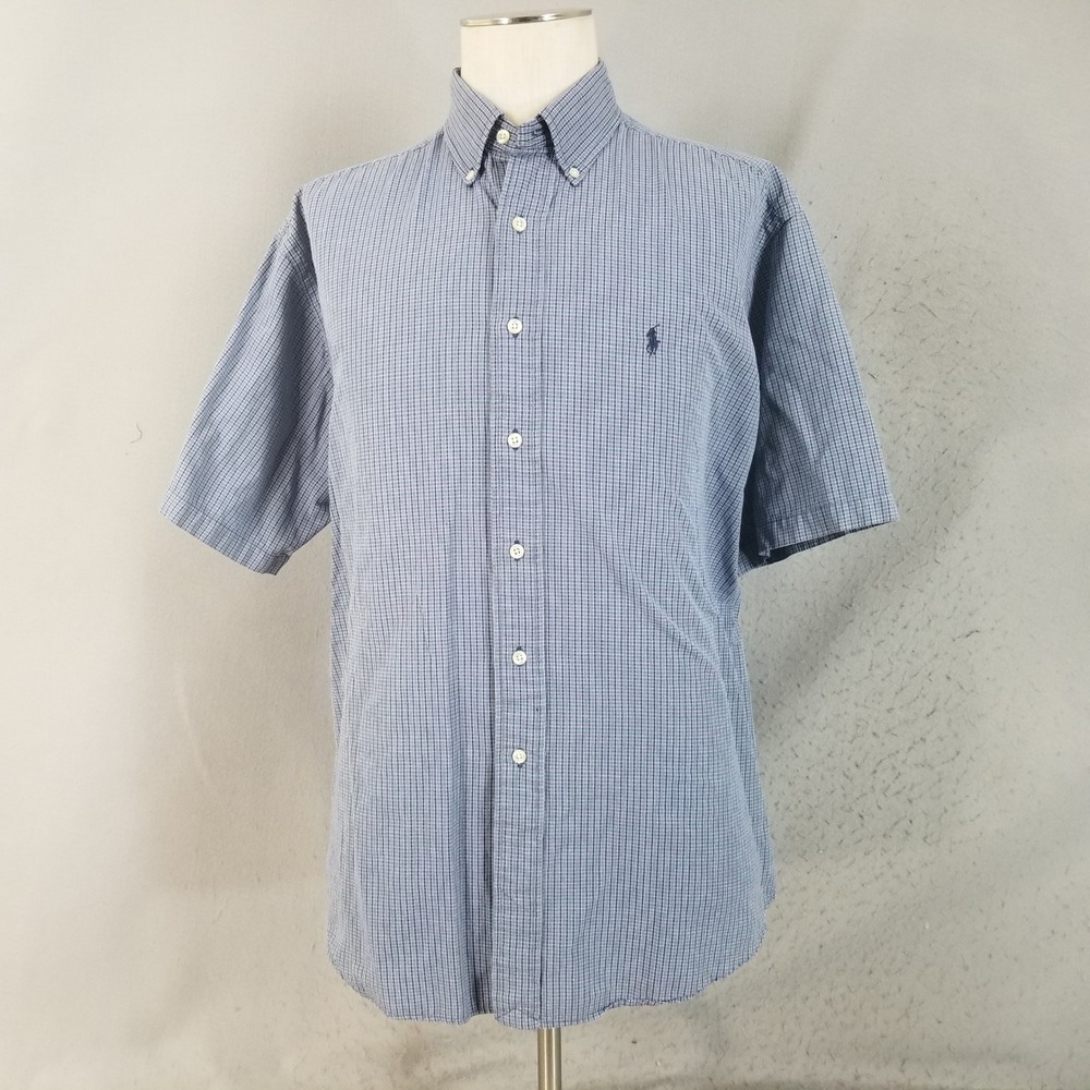 Ralph Lauren Shirt Mens L Blue Blaire Button Down Short Sleeve Plaid Cotton